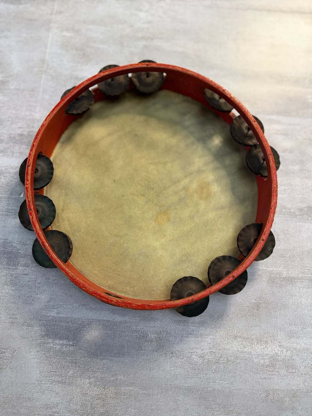Vintage 10-Inch Wood Rim Calfskin Tambourine - Picture 4 of 5